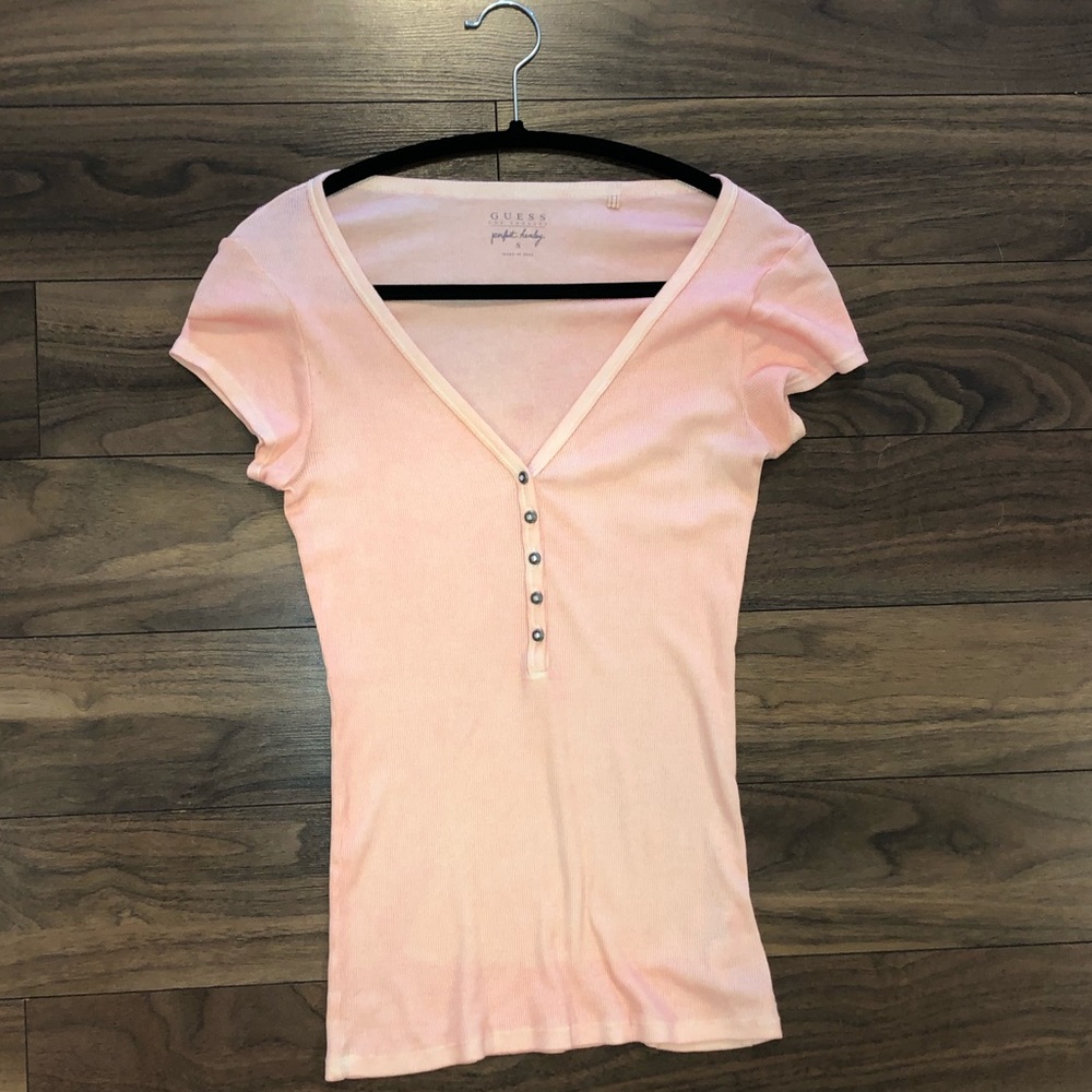 ✨2/$25 Coral pink guess T-shirt with gem buttons